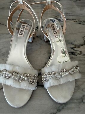 Badgley Mischka Ivory Tulle & Pearl Embellished Block Heel Sandals